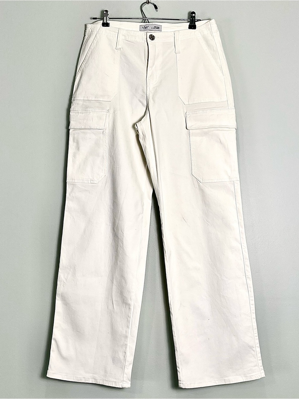 YMI Women's High Rise All Day Ivory White Cargo Pants Stretch Wide-Leg Size 9/29